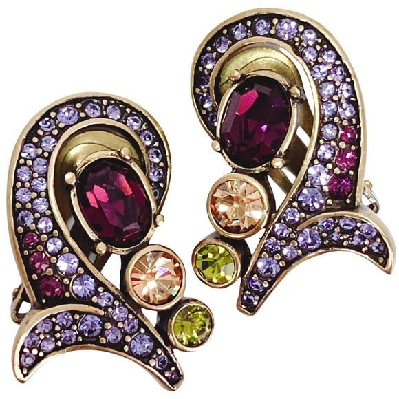 Heidi Daus Beguiling Baroque Purple Multicolor Swirl Pave Jewel Clip On Earrings - Picture 1 of 12